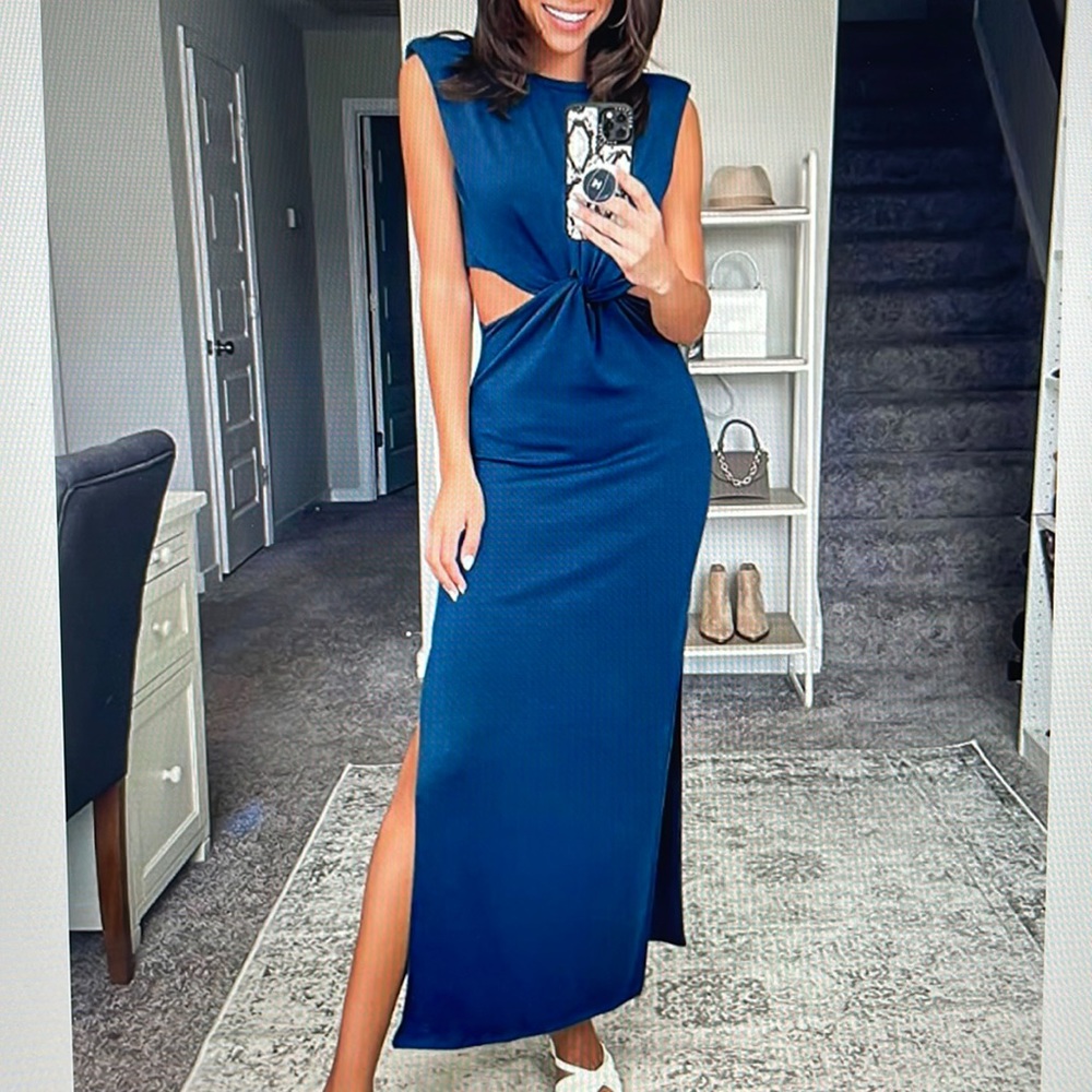 Navy blue side-cutout long dress; made with soft cotton material